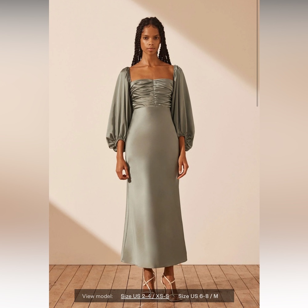 Luxe Ruched Bodice Long Sleeve Midi Dress - Eucalyptus